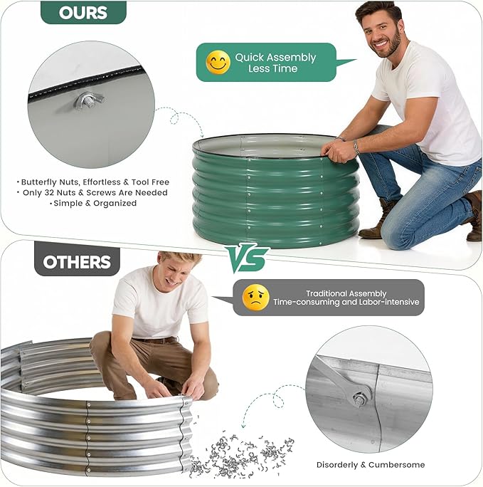 ZORMY Galvanized Raised Garden Bed Outdoor, Round Metal Planter Boxes 2 Pcs, 3x3x1.4ft Steel Raised Bed Kit for Planting Vegetables, Fruits, Flowers(LotusGreen) ZORMY