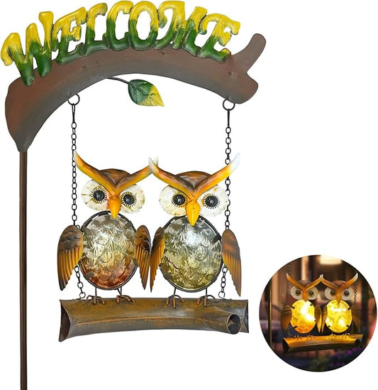 HONGLAND Solar Lights Outdoor Decor, Owl Swing Garden Decor, Owl Gifts for Women Mom, Whimsical Garden Lights Outdoor Decorations with Welcome Sign for Outside Patio Yard Lawn Decor-48inch HONGLAND
