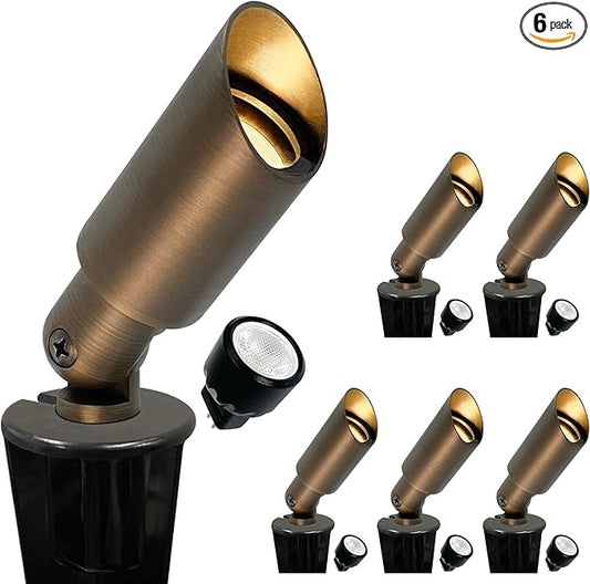 GKOLED 6 Pack Mini Size Brass Landscape Spotlight, Low Voltage 12V AC/DC Outdoor Directional Up Light, 180 LM, 3W MR8 LED Bulb ABS Ground Stake, 2700K Warm White, Garden Patio Trees Spot Uplight GKOLED