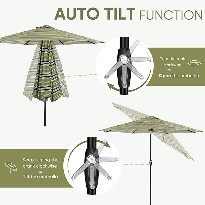 Tempera Patio Market Outdoor Table Umbrella with Auto Tilt and Crank, Large Sun Umbrella with Sturdy Pole & Fade Resistant Canopy, Easy to Set TemperaPatioLife