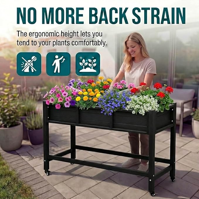 YITAHOME Raised Garden Bed HDPE, 47x18x31 in Raised Planter Box with Legs Poly-Wood Weather-Resistant Elevated Planter Box with Lockable Wheels for Vegetables, Herb Garden Bed, Black YITAHOME
