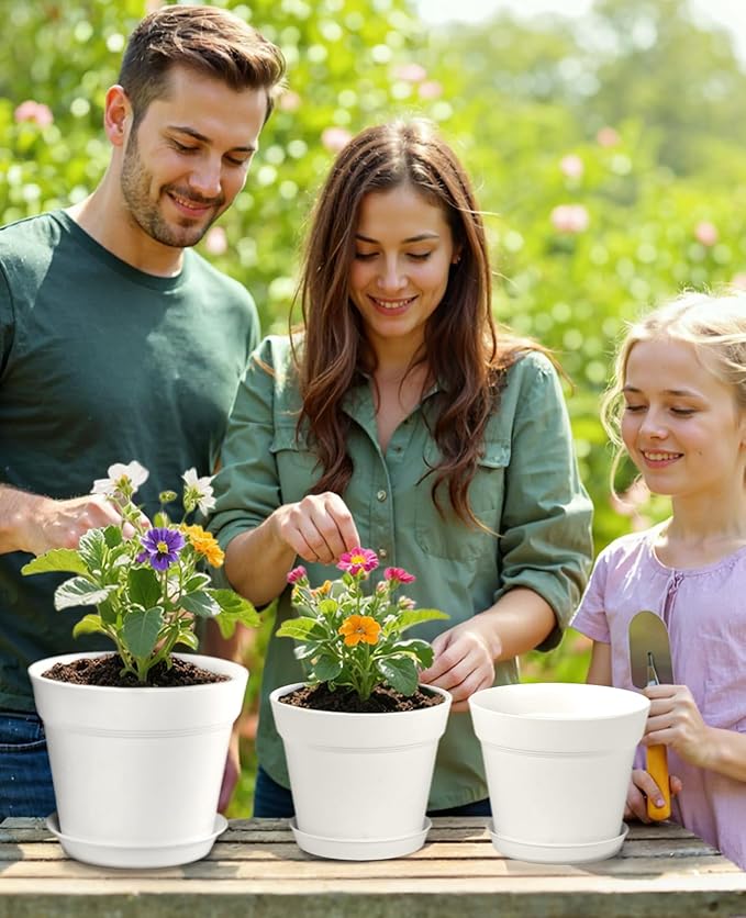 homenote Plant Pots,6/7.5 Inch Flower Pots for Plants Plastic Planters for Indoor with Multiple Drainage Holes and Trays, for All Home Garden Flowers Succulents,Outdoor(White,10 Pack) HOMENOTE