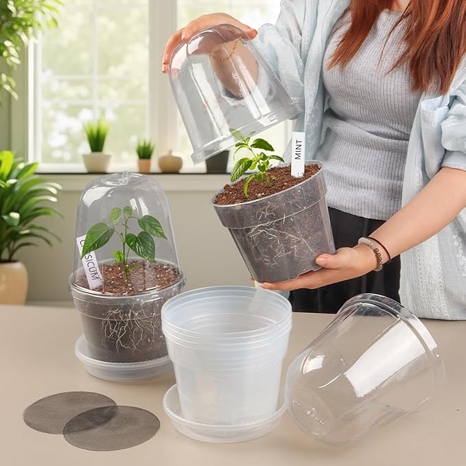 BTPLASTIK 6 Inch Clear Nursery Pots with Humidity Domes 15 Pack, Transparent Plastic Plant Pot with Drainage Holes and Saucers, Seed Starter Pots with 15 Pcs Plant Labels and 15 Pcs Soil Screens BTPLASTIK