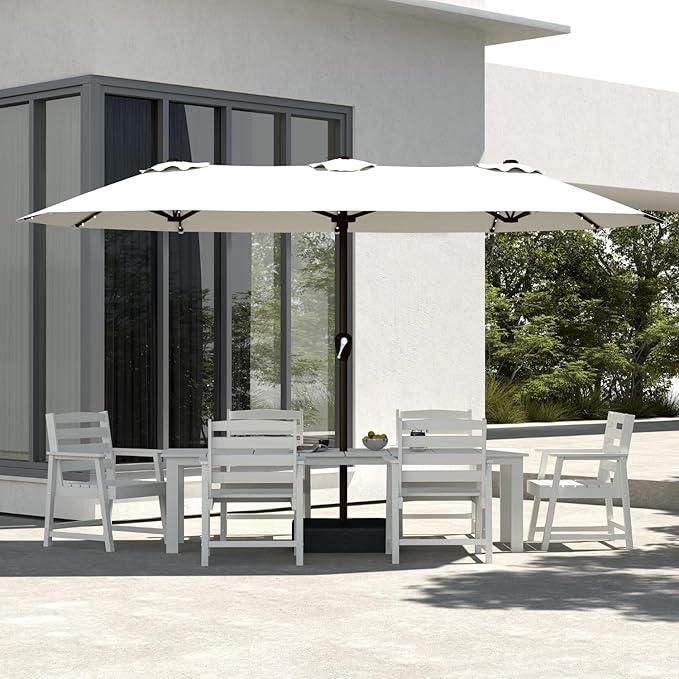 7-Piece White Outdoor Dining Set with White 15FT Large Patio Umbrella, 75.2'' HDPE Table & Chairs for 6, Weather-Resistant Furniture with Umbrella Hole for Patio, Lawn, Poolside PatioKingdom
