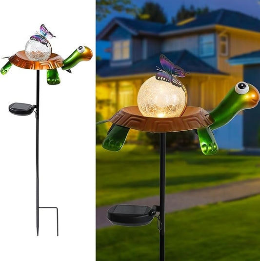 Afirst Solar Lights Outdoor Decorative Metal Turtle Crackle Glass Globe with Butterfly Warm White LED Metal Waterproof Garden Stake Lights for Walkway Pathway Lawn Patio Yard Decorations Afirst