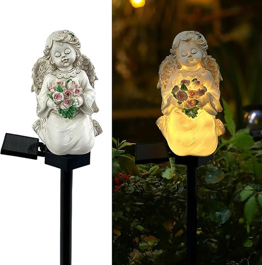 Solar Garden Angel Lights, Waterproof Outdoor Garden Angels Statue Decorations Solar Lights for Cemetery Gravesite Grave Outside Yard Patio Lawn Porch (Flower) LAIAMER