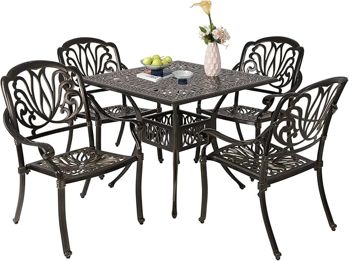 Cast Aluminum Outdoor Patio Dining Set, All Weather Outdoor Furniture Dining Set for Patio, Balcony, Lawn, Garden, Backyard (1 Square Table+ 4 Dining Chairs) Sumshadow