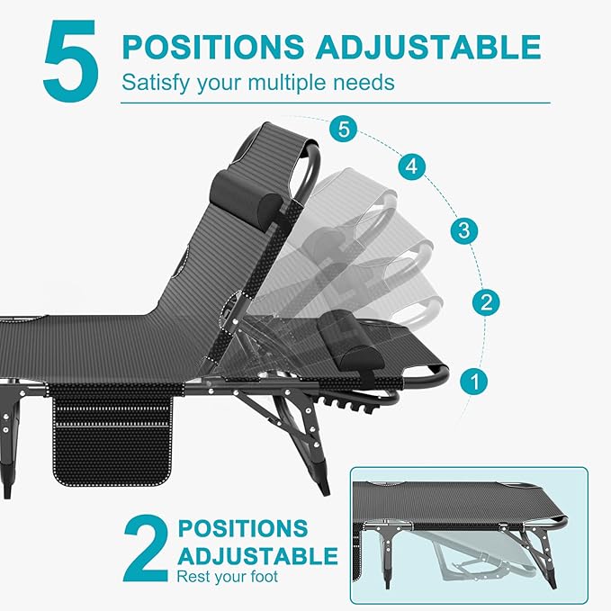ABORON 2PK Heavy Duty Tanning Chair, 5-Gear Outdoor Folding Chaise Lounge Chair with Cushion, Portable Beach Lounge Chair for Outdoor Sunbathing, Patio, Pool, Lawn, Deck, Poolside ABORON