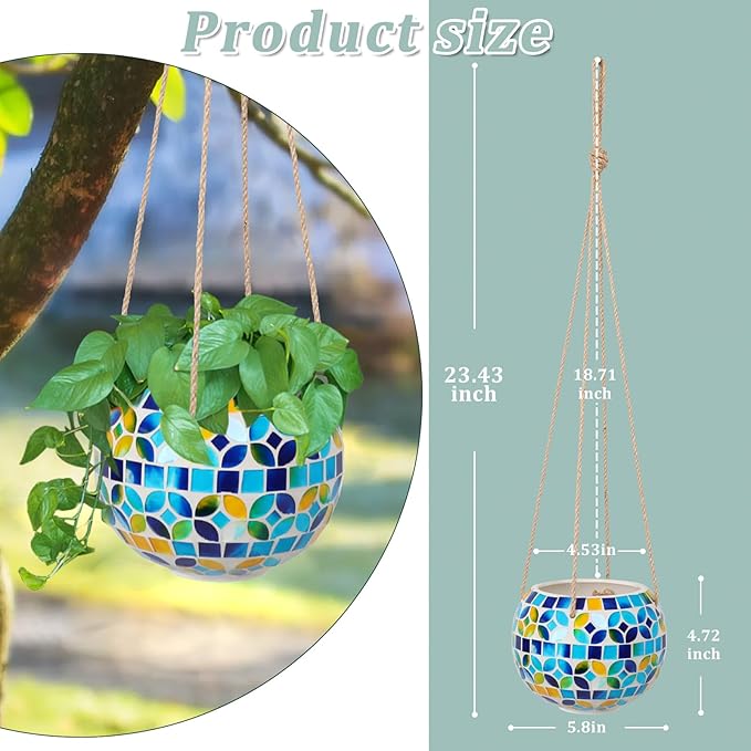 Ceramic Hanging Planter Mosaic Hanging Flower Pot Small Plant Pot for Indoor Plant Disco Ball Planter with Drainage Square Blue Chonsun