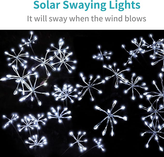 JJGoo Solar Garden Lights, New Upgraded 2 Pack Solar Swaying Starburst Light, Waterproof Fireworks Outdoor Lights, Yard Patio Pathway Decoration, White JJGoo