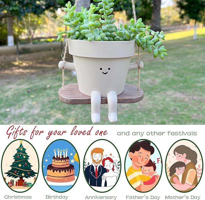 Hanging Planter Swing Face Plant Pot - Cute Resin Head Planters with Drainage Hole Indoor Outdoor Plant Holder, Succulent/String of Pearls Flower Pots, Unique Sitting Sway Pots, Gift Ideas for Mother Scuyari