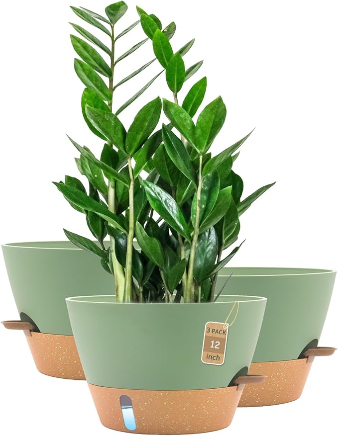 12-Inch Self Watering Planters with Drainage Holes, Large Flower Pots for Indoor Outdoor Plants, Garden Pots Green 3 Pack FIASON