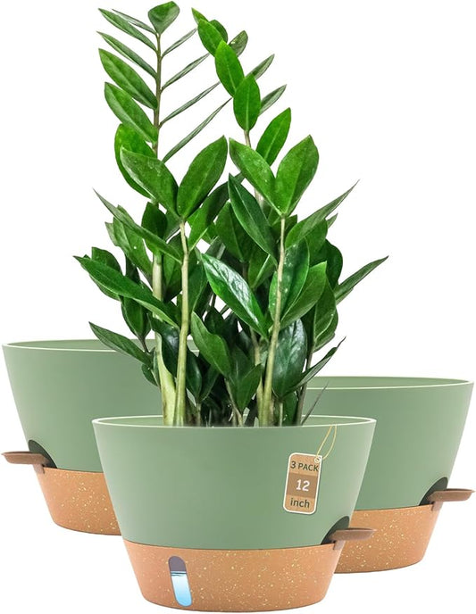 12-Inch Self Watering Planters with Drainage Holes, Large Flower Pots for Indoor Outdoor Plants, Garden Pots Green 3 Pack FIASON