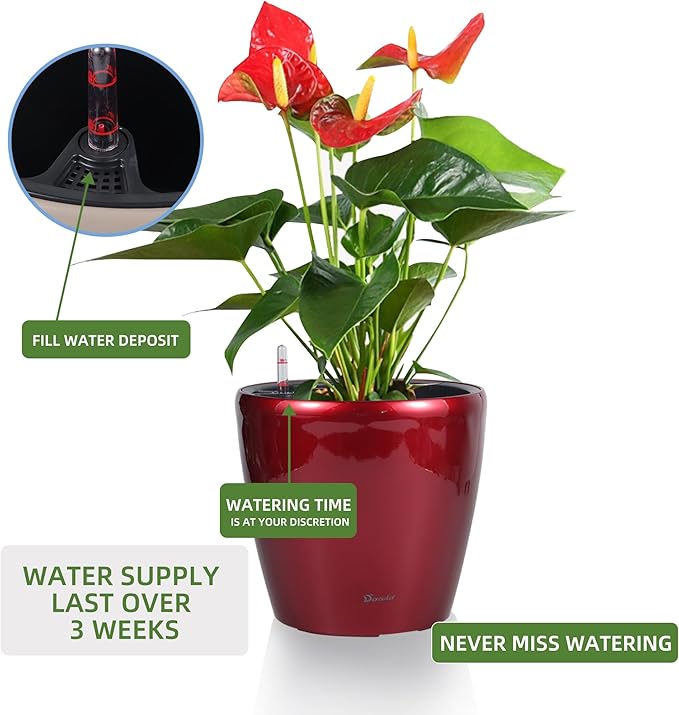 Dexceder 11x10 Inches High Gloss Self Watering Planter Indoor Outdoor, Inner Pot Design, Thickened Table Flower Plant Pot with Water Level Indicator (Red) Dexceder