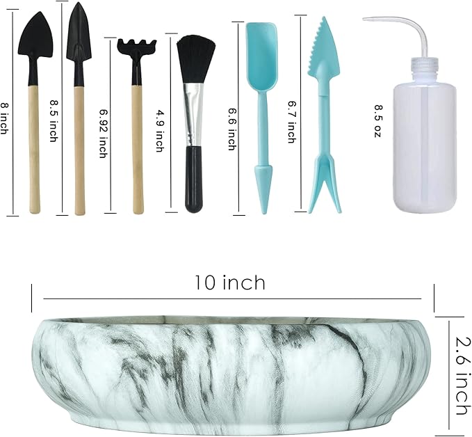 Succulent Pots, 10 Inch Large Succulent Planter Pots with Drainage - Ceramic Marble Bonsai Pot with Stand Shallow Planter for Cactus Flower Plants Plus Succulent Planting Tools Set & 2.2lb Mix Pebbles ARTKETTY