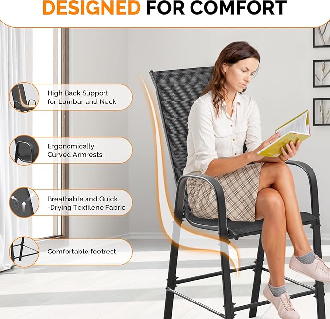VINGLI Outdoor Bar Chairs Set of 6 – Stackable Outdoor Bar Stools with Sturdy Sling High Back and Armrests for Lawn, Courtyard, Garden, Bar, Black VINGLI