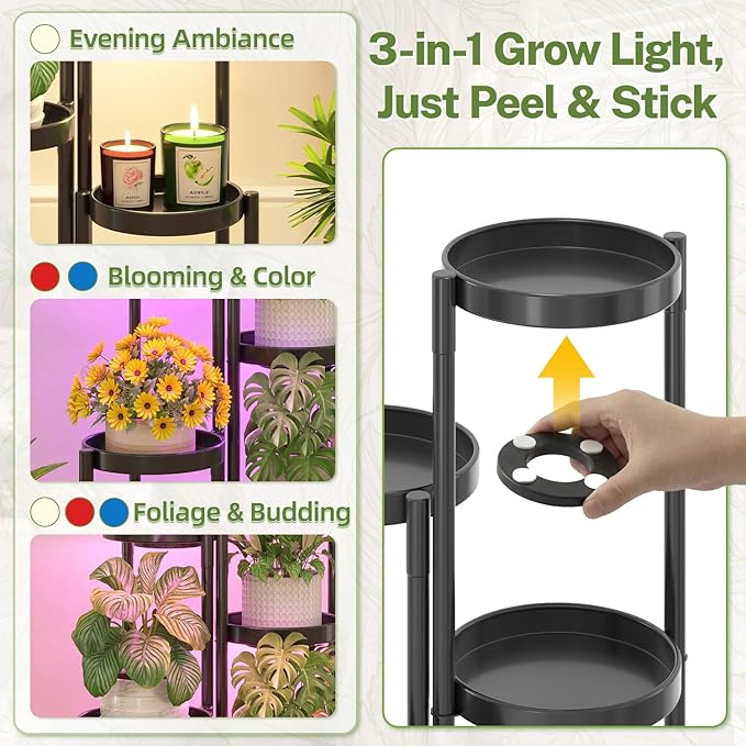 iDavosic.ly Plant Stand Indoor with Grow Light, 5 Tier Corner Metal Flower Display Holder Shelf, Easy Assembly Folding Tall Orchid Rack for Patio Balcony Porch Garden Living Room House, Black iDavosicly