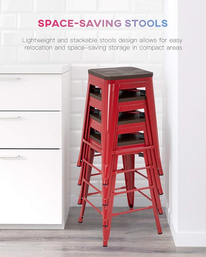 FDW Metal Bar Stools Counter Height Barstool Stackable Barstools Indoor Outdoor Patio Bar Stool Home Kitchen Dining Stool Backless Bar Chair (Red with Wood, 24") FDW