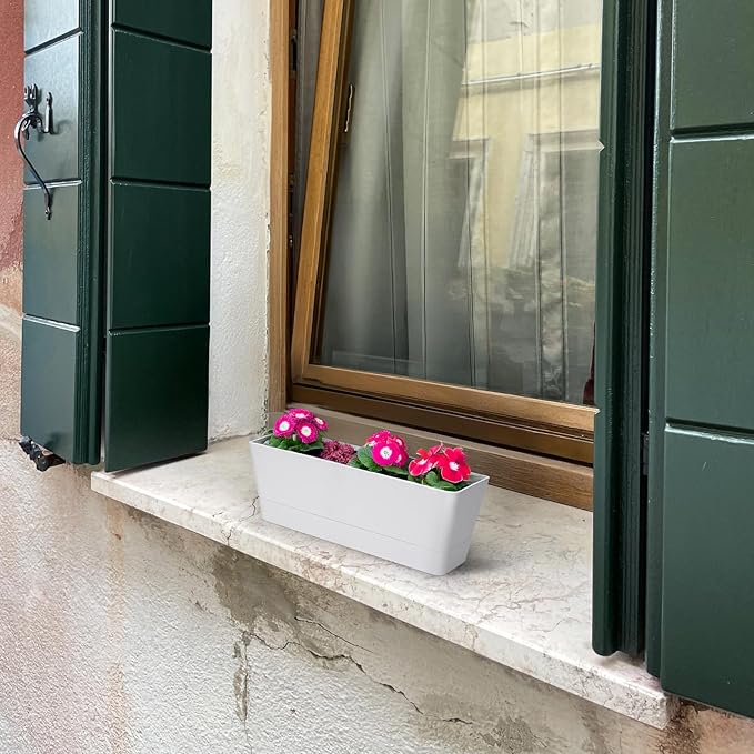 GREANER 12x3.8 Inch Herb Planters, 6 Pack White Rectangle Window Boxes with Tray, Indoor Succulent Cactus Mint Plastic Pot with Saucer for Windowsill, Balcony, Office, Outdoor Garden GREANER