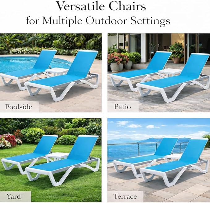 Kozyard Outdoor Chaise Lounge Chair, Full Flat Adjustable Patio Lounger with Aluminum Frame & Resin Legs, Textilene Fabric for Poolside, Backyard & Beach (Aqua/WhiteFrame, 2Chairs + Table) Kozyard