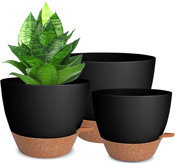 Planters for Indoor Plants 3 Pack, 10/9/8 Inch Self Watering Flower Pots with Drainage Hole, Plastic Large Plant Pots (Black) Vanslogreen