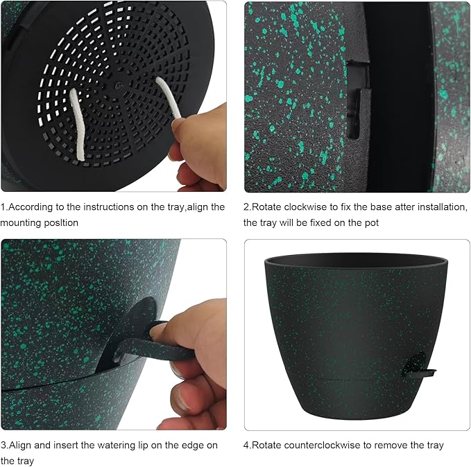 12 Inch Large Self Watering Pots, Flower Pots with Multi-Mesh Drainage Holes and Saucer, Planters for Indoor and Outdoor Garden Plants (Black with Green Speckles) Rootora