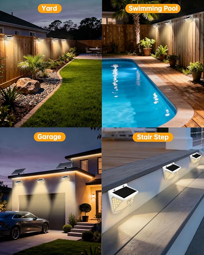 Aootek New Solar Motion Sensor Lights 120 LEDs with Lights Reflector,270° Wide Angle, IP65 Waterproof, Step Lights for Front Door, Yard, Garage, Deck (White, Warm White, 4-Pack) Lightupeveryconer
