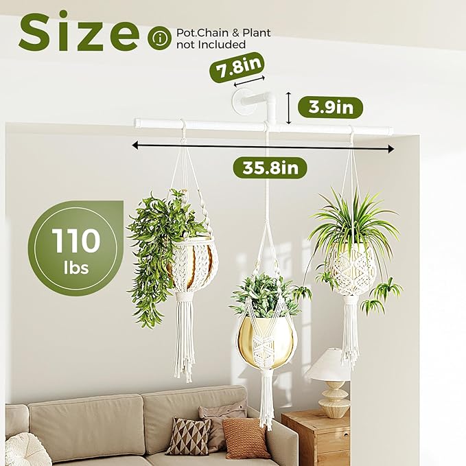 Bamworld Hanging Planters for Indoor Plants Plant Hanger Indoor Hanging Plant Holder Window Plant Shelves Metal Rod(Pot&Plant Not Included) 35.8in White Bamworld