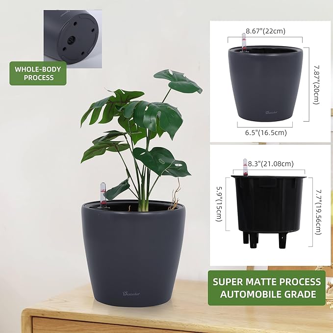 Dexceder 9x8 Inches Self Watering Planter Indoor Outdoor, Inner Pot Design, Thickened Table Flower Plant Pot with Water Level Indicator (Slate Gray Matte) Dexceder