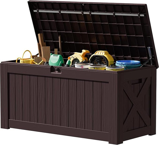 JUMMICO 120 Gallon Resin Deck Box, Large Outdoor Storage Box Waterproof & Lockable for Garden, Patio, Pools (Deep Brown) JUMMICO