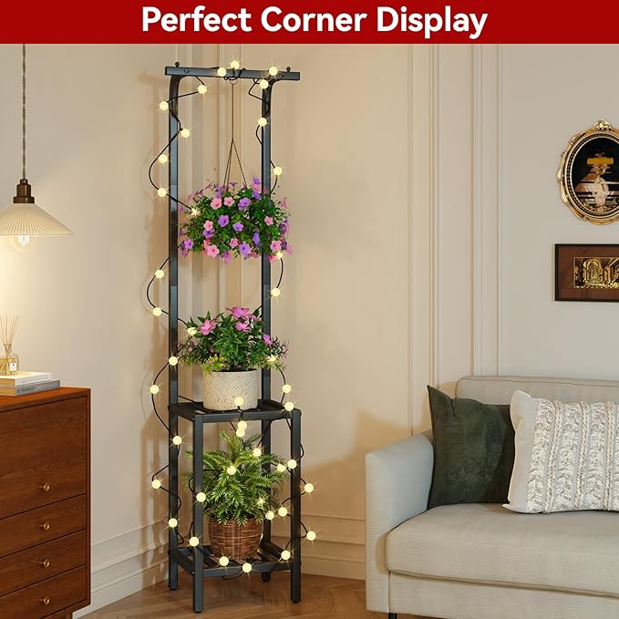 IBUYKE 67 Inch Tall Plant Stand Indoor Outdoor, 3 Tier Metal Hanging Plant Shelf for Multiple Plant, Heavy Duty Plant Holder Flower Stand for Living Room Patio Balcony Garden, Black TMJ076B IBUYKE