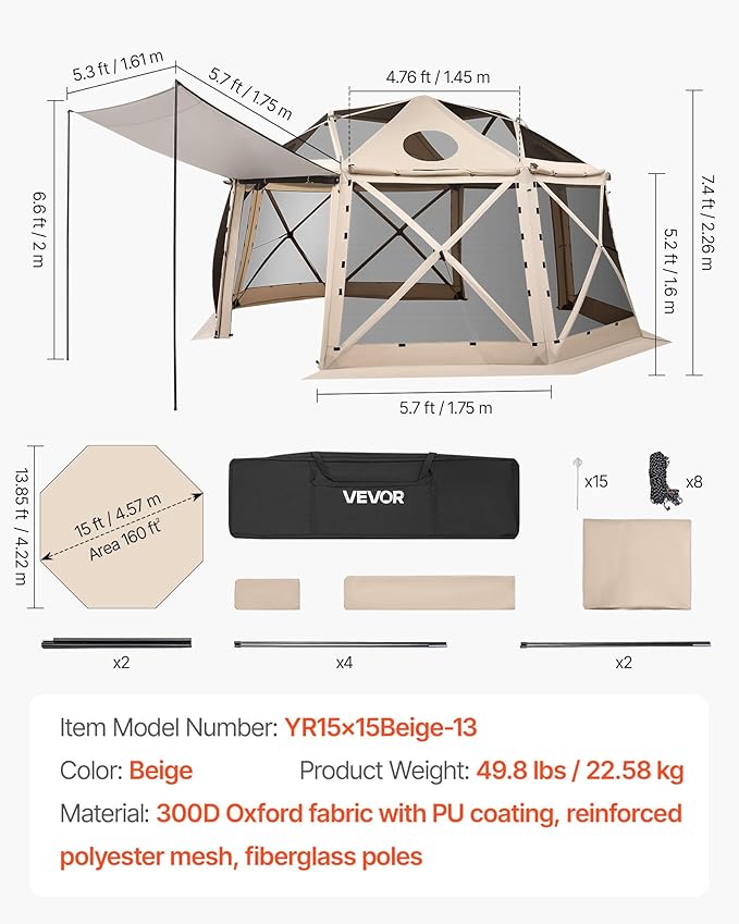 VEVOR Pop up Gazebo Screen Tent, 15 x 15 ft, 13-Sided Spherical Camping Canopy Tent with Removable Top & Carry Bag, Quick-Set & Bite-Proof, Screen House Sun Shelter for 12-15 Persons, Beige VEVOR