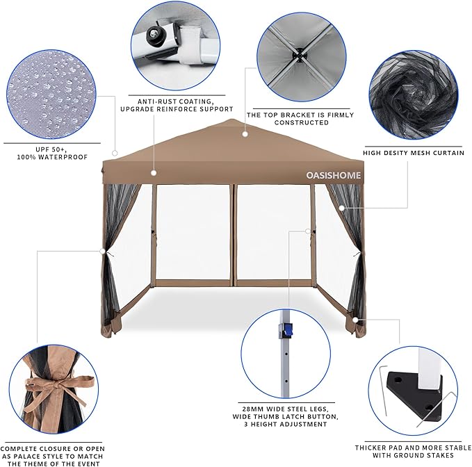 OASISHOME 10'x10' Pop-Up Gazebo Canopy Tent with Netting Sidewalls & Wheeled Bag,Weight Bag, Stakes, Ropes, Waterproof, UV Protection, Heavy-Duty Steel Frame for Backyard/Outdoor/Parties (Khaki) OASISHOME