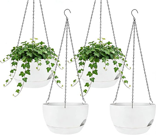 Set of 4-8 Inch Self Watering Hanging Planters for Indoor Outdoor，Hanging Plant Pots with Drainage & Removable Tray, Hanging Pots Holder for Ivy, Pothos, Ferns, Balcony & Patio, White zople