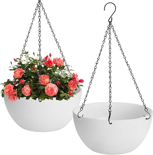 10 inch Hanging Planters for Indoor Plants, 2 Pack Planters for Outdoor Plants with Drainage Holes and Chain, Round Plastic Hanging Baskets, Hanging Flower Pots for Balcony Garden Decor-White HIGSEEU