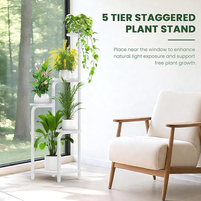 TOSKING 5 Tier Tall Plant Stand Indoor Outdoor, Heavy Duty Corner Shelf for Plants & Decor, Space Saving 3.9FT Metal Flower Pot Stand for Balcony, Garden, Living Room, Patio (White, 47in) TOSKINGESSENCE