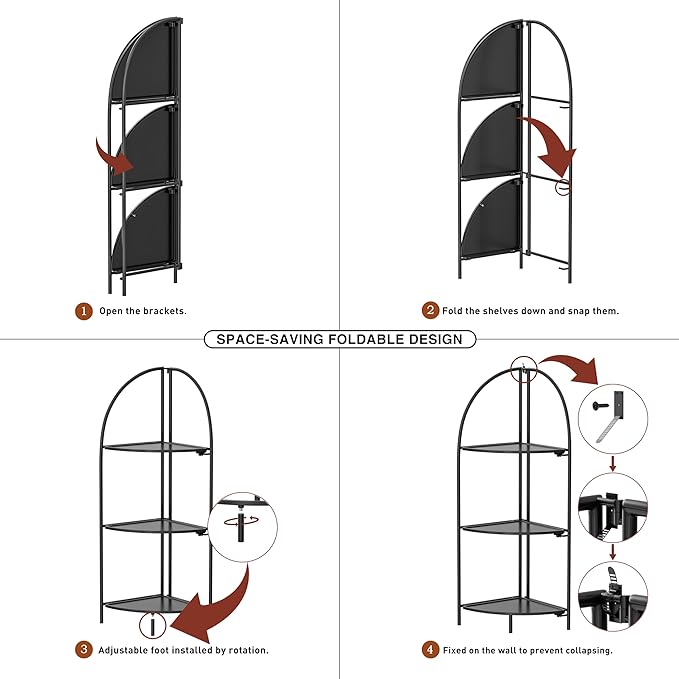 Crofy Foldable 3 Tier Corner Shelf, Metal Corner Plant Stand with Black Frame and Black Shelves, Corner Display Rack Multipurpose Shelving Unit for Living Room, Bedroom, Bathroom CrofyLLC