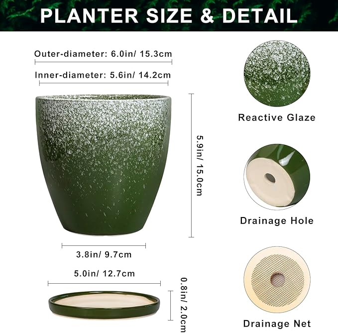 6 Inch Plant Pot - Ceramic Plant Pots with Drainage Hole and Saucer, Ceramic Planter for Indoor Outdoor Plants, Round Modern Planter, Room House Decor, Gifts for Women Men, Green EPFamily