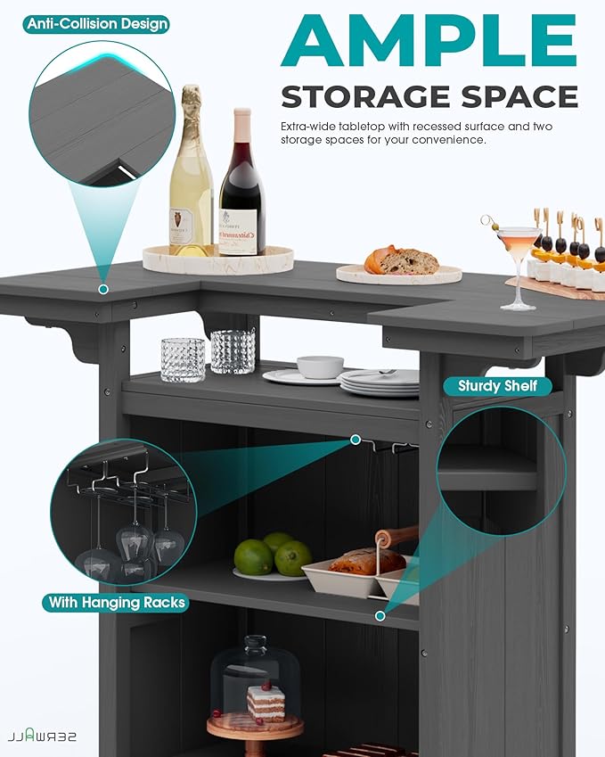 SERWALL Outdoor Bar Table Set (1 Table with 2 Chairs) – HDPE Grey Patio Bar Cabinet with 4-Tier Storage & Spacious Tabletop, Perfect for Outdoor, Poolside, Backyard SERWALL