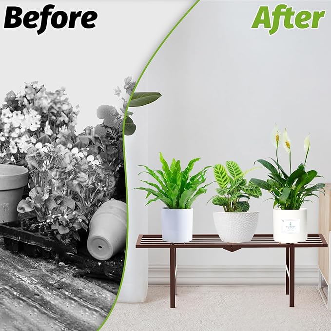 2 Pack Metal Plant Stand Outdoor Indoor, 1 Tier Folding Tiered Flower Plant Shelf, Heavy Duty Ladder Multiple Pot Display Plant Rack for Patio Garden Balcony Windowsills, Brown JSYONII