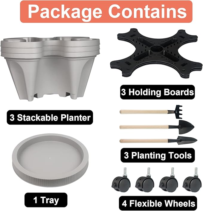 GameXcel Vertical Planter 3 Tier Stackable Planters Garden Planters Strawberry Herb Flower and Vegetable Planter Indoor Outdoor Gardening Pots with Removable Wheels and Tools 2-Pack GameXcel