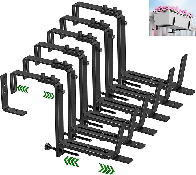 HFHOME 6PCS Adjustable Planter Box Brackets, Brackets for Window Boxes Planters Hanging Flower Box Holders, Wall Mount Holder for Windowsills, Garden, Fences, and Balcony - Black (Patent Registered) HFHOME