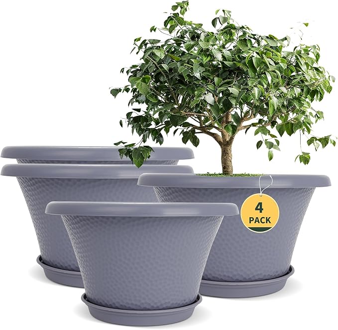 Quarut 12 Inch Large Planter Pot for Plants Indoor Outdoor, 4 Pack Plastic Flower Pots with Drainage Hole & Tray, Modern Decorative Garden Pot with Saucer, Plant Container for House Grey Quarut
