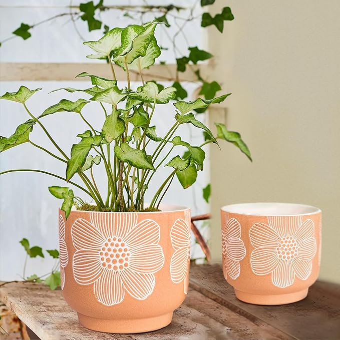 YBX 8 Inch + 6 Inch White Flower Pattern Plant Pots, Sand Glazed Ceramic Planter with Drainage Hole, Flower Pots for Indoor Plants, Orange YBXYIBOXUAN