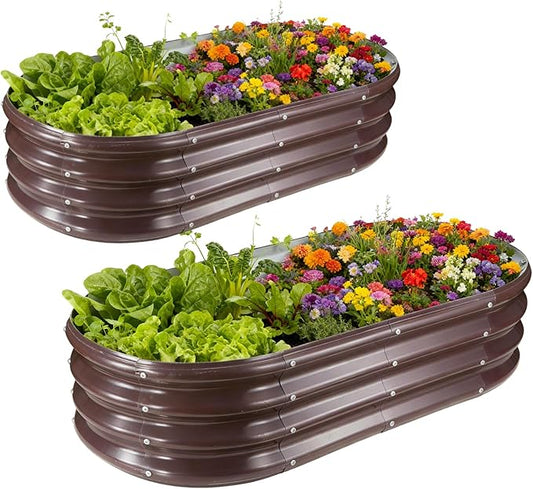 GOOZOO 2PC Galvanized Planter Raised Garden Bed, 4x2x1ft Raised Garden Bed Kit for Gardening Outdoor, Oval Metal Land Planter Box for Vegetables, Fruits, Flowers（Brown） GOOZOO