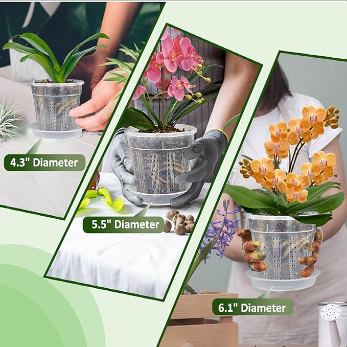 Orchid Pot with Saucers, 6 Packs of 4.3" Orchid Pots with Holes, Orchid Pots for Repotting, Plastic Orchid Planter for Indoor Outdoor Plants (6 Packs, 4.3" with Saucers) HOLANHING