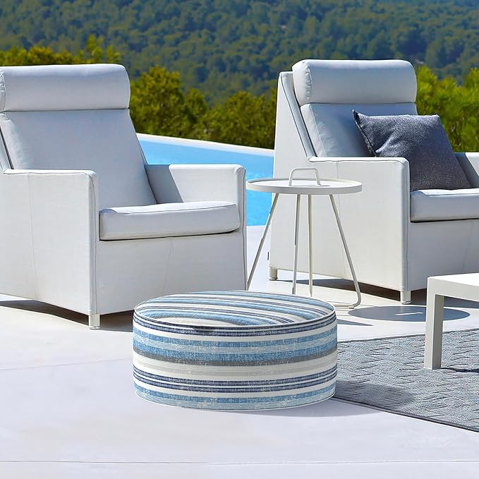 LVTXIII Inflatable Stool Ottoman Footrest with Handle, Decorative Fade-Resistant Foot Stool, Indoor or Outdoor Pouf for Home Garden and Camping Use, D21 x W 21 x H9, Stripe Layered Blue LVTXIII