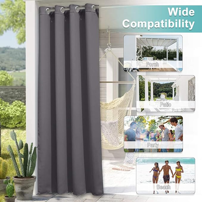 NICETOWN Outdoor Curtain for Patio Waterproof Extra Wide 100", Blackout Vertical Blinds Thermal Insulated Stainless Steer Grommet Indoor Outdoor Divider for Public Space, Grey, 1 Piece, 84" L NICETOWN