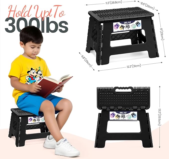Delxo Folding Step Stool 9 Inch Non-Slip Foldable Stools for Kids & Adults Up to 300 LBS Kitchen Collapsible Fold Up Stepping Stool with Dotted 1 Pack Black Delxo