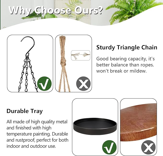 Plant Hanger Indoor Outdoor, Hanging Planter Baskets for Outdoor Indoor Plants, Hanging Plant Holder Plant Shelf Metal Window Plant Hanger, 3 Pack PIKAMAO